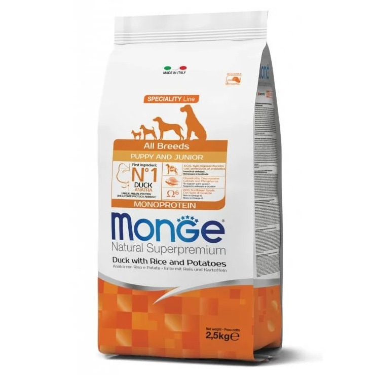 MONGE DOG PUPPY JUNIOR ALL DUCK sausā barība kucēniem Pīle 2.5kg